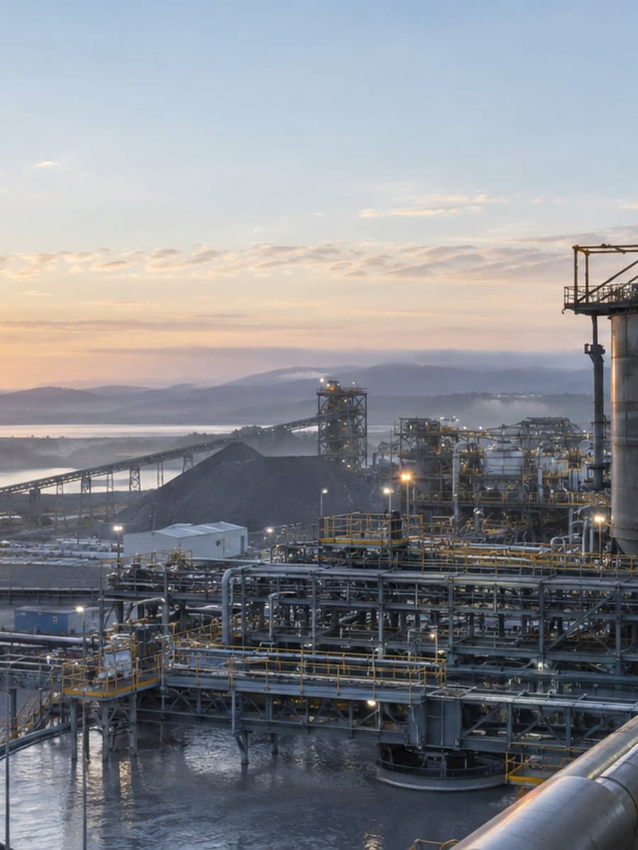 A mineral processing facility at sunrise, seen from an elevated walkway.